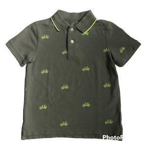 Gap Kids Short-Sleeved Polo Shirt, S, Olive Green w/ Neon Yellow Bikes